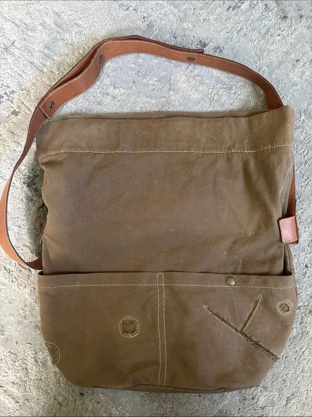 Canvas Messenger Bag with Leather Trim in Brown